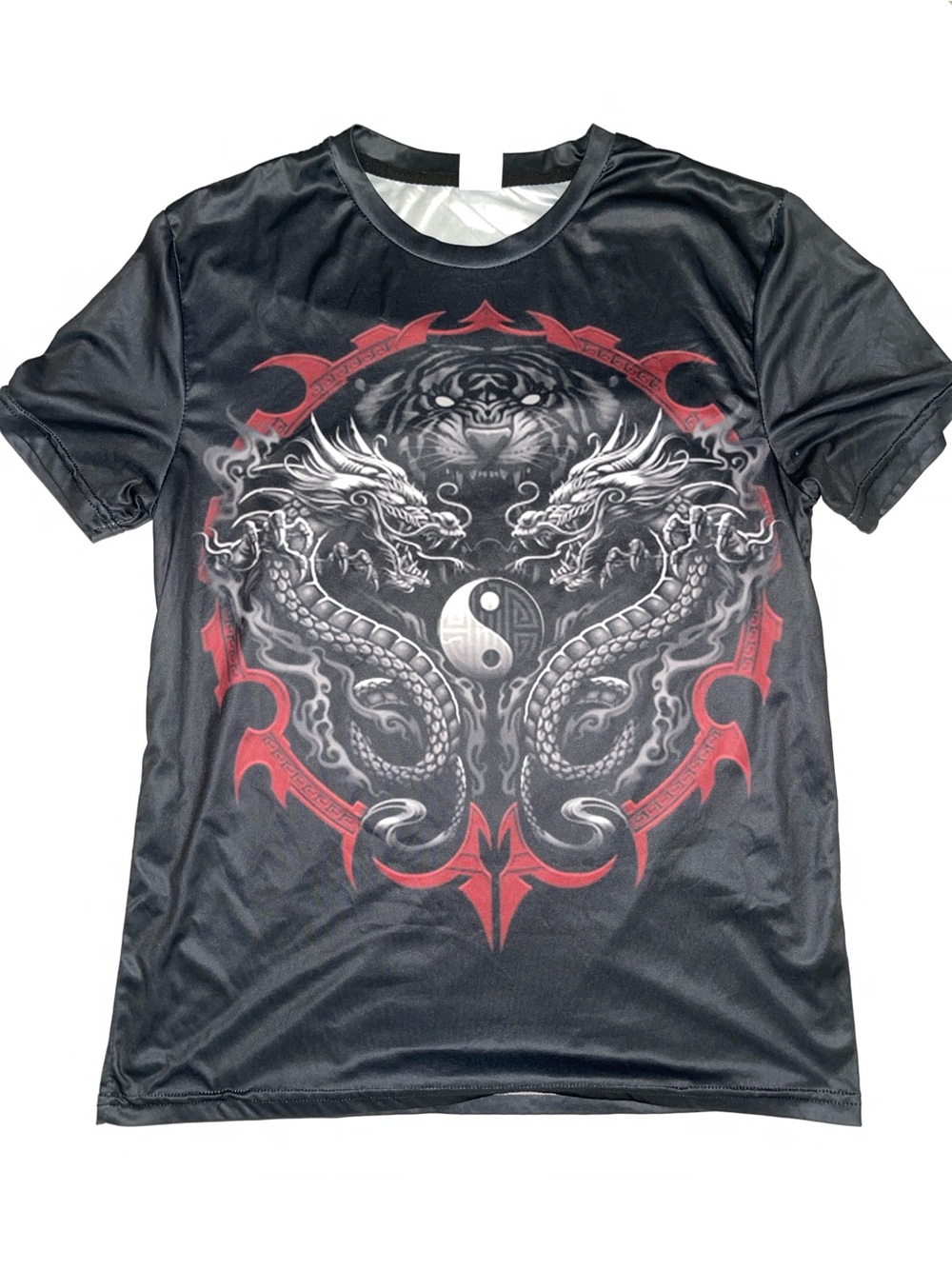 BJJ MMA Rash Guard Black Graphic Tiger Dragons Tee Sz S SKU: 0916-34